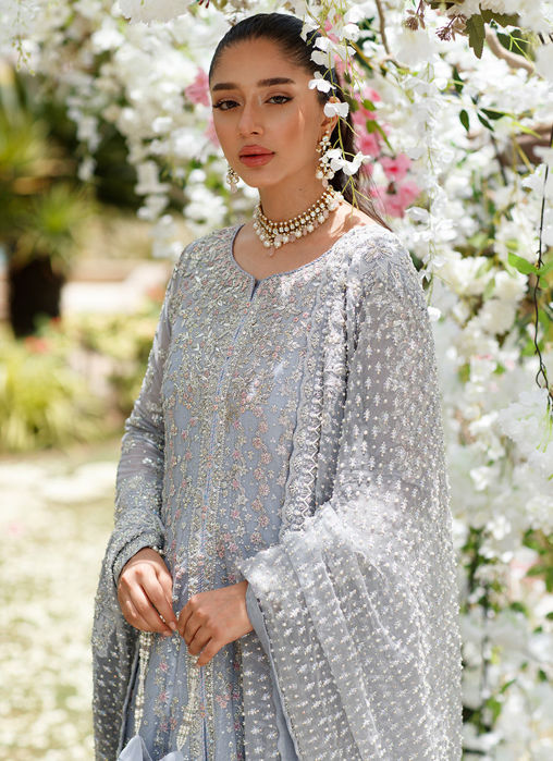 Clem Cornflower Blue Kallidaar Bridal With Heavily Embellished Dupatta And Crushed Swirl Maxi