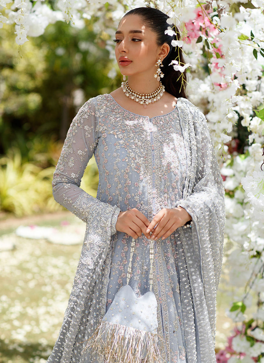 Clem Cornflower Blue Kallidaar Bridal With Heavily Embellished Dupatta And Crushed Swirl Maxi