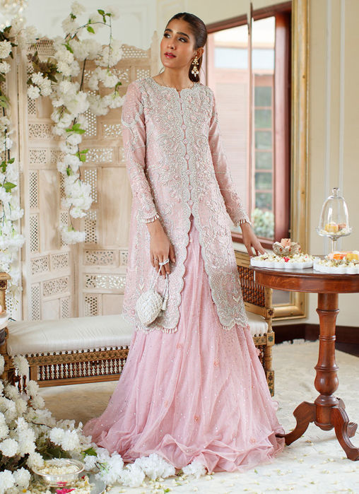 Simone Salmon Pink Heavily Embellished Jacket With Triple Layered Lehnga