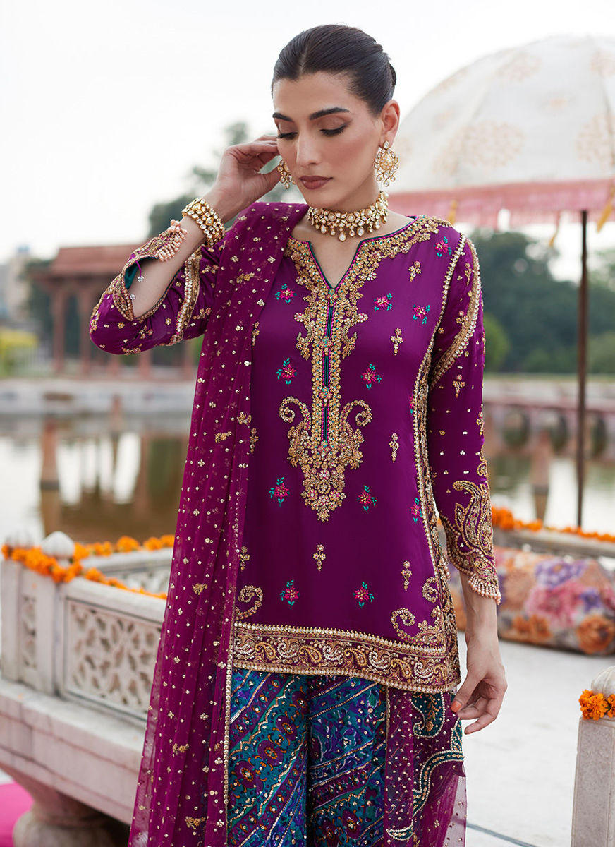 Alizeh Mehndi Aubergine Short Shirt And Dhaakha