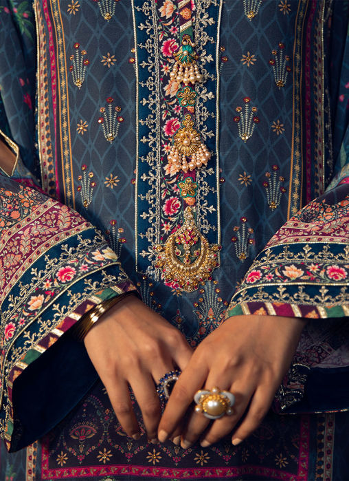 Iraan Navy Printed Crepe Silk Kurta With  Silk Ombre Dupatta