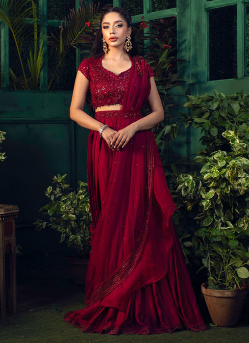Picture of Roya Scarlett Draped Lengha Choli