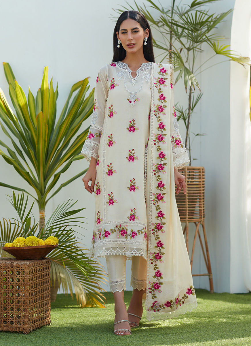Lggy Ivory Rose Cross Stitch Shirt And Dupatta