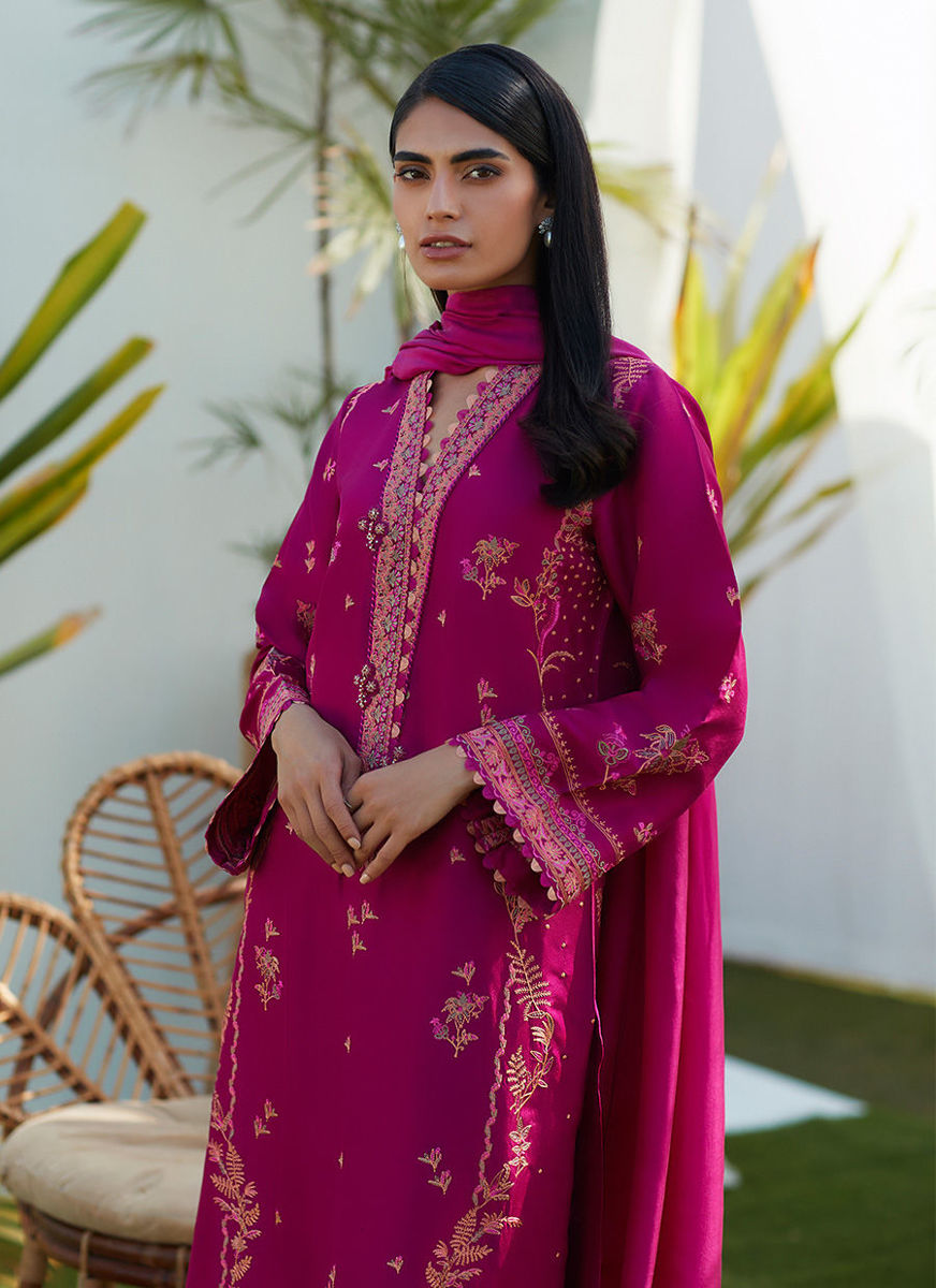 Prim Magenta Silk Embroidered Shirt And Dupatta