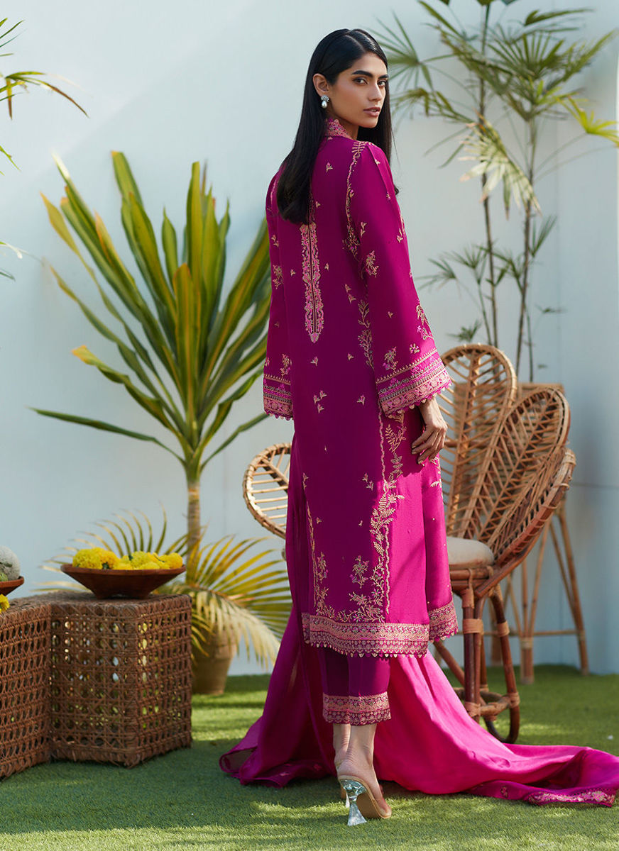 Prim Magenta Silk Embroidered Shirt And Dupatta