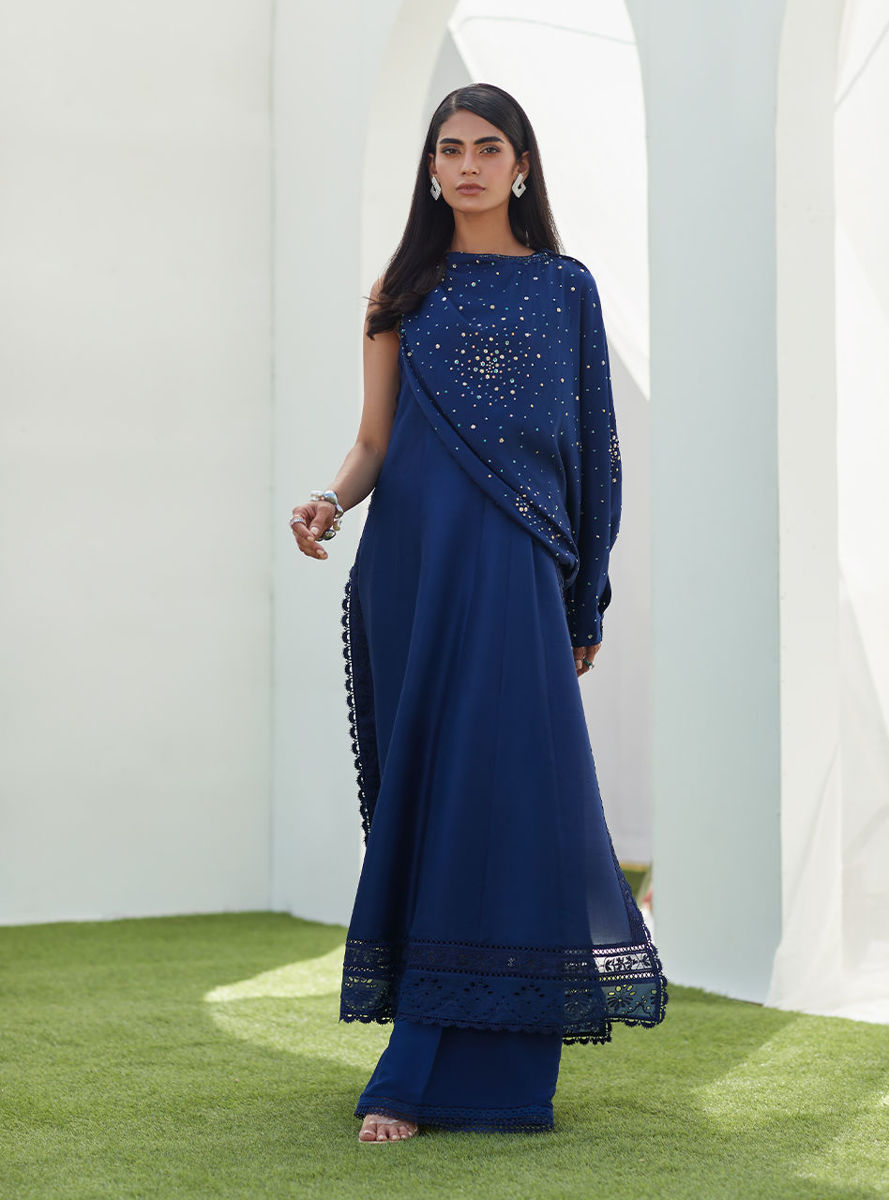 Zennie Midnight Silk Paneled Shirt With Cape