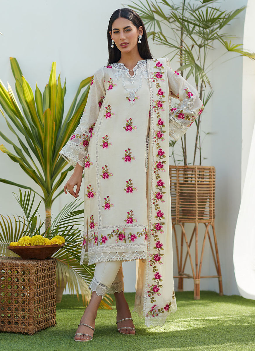Lggy Ivory Rose Cross Stitch Shirt And Dupatta