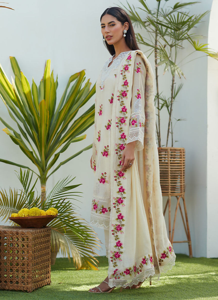 Lggy Ivory Rose Cross Stitch Shirt And Dupatta
