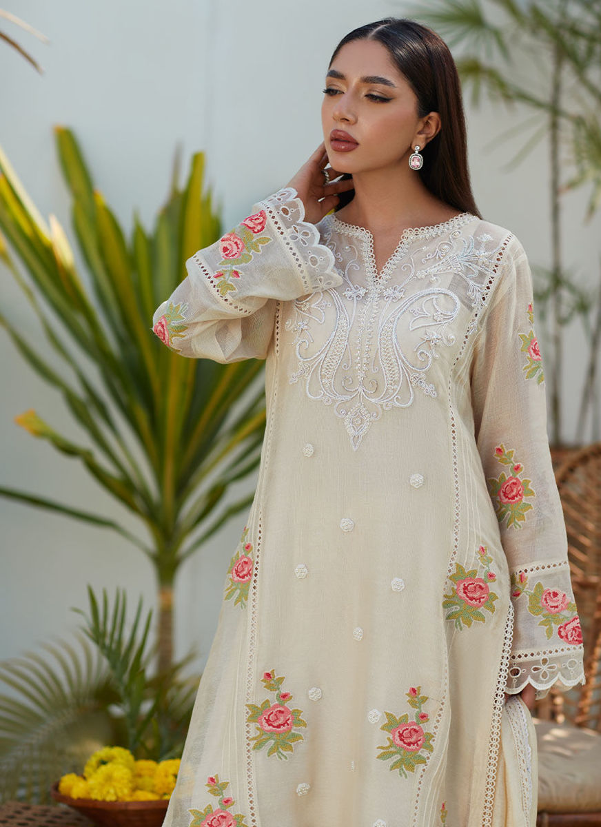 April Ivory Cross Stitch Cotton Net Shirt And Dupatta