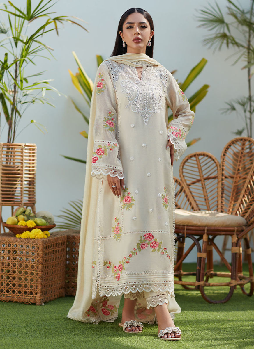 April Ivory Cross Stitch Cotton Net Shirt And Dupatta