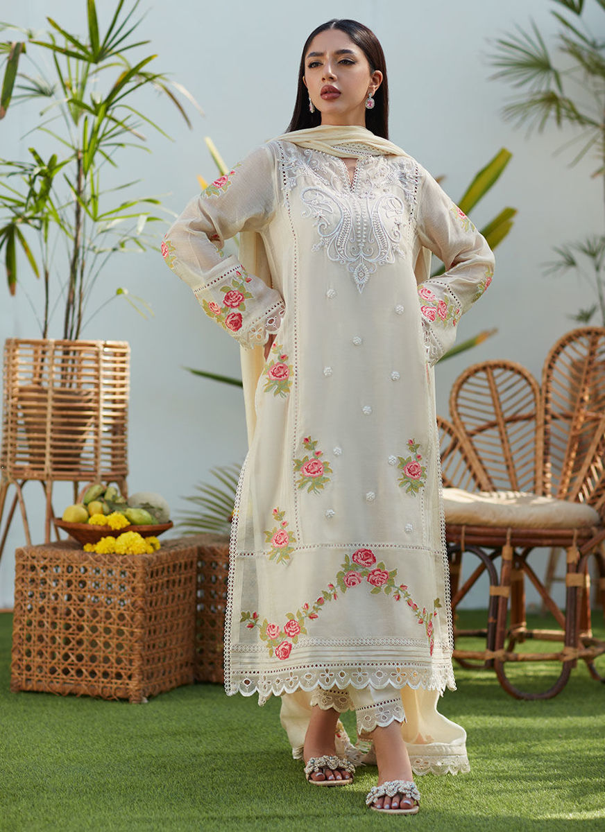 April Ivory Cross Stitch Cotton Net Shirt And Dupatta