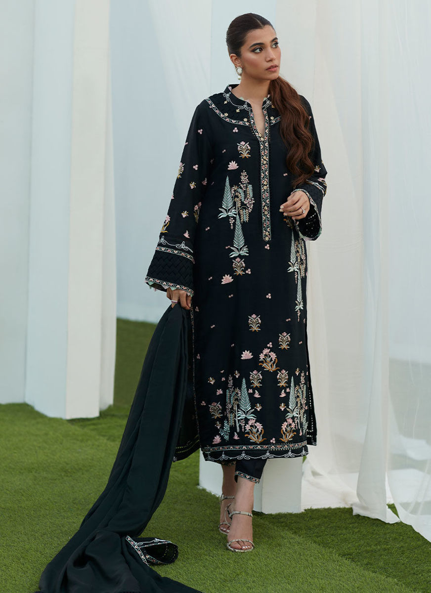 Petra Black Embroidered Shirt And Dupatta