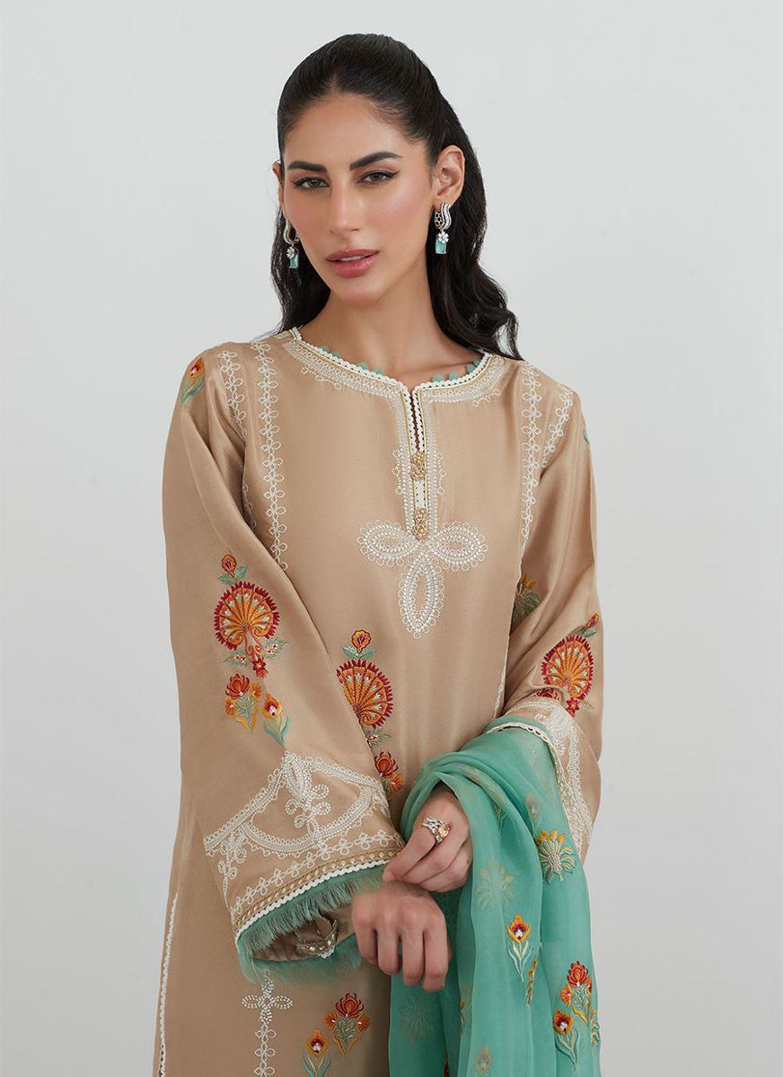 Latte Embroidered Shirt With Organza Dupatta