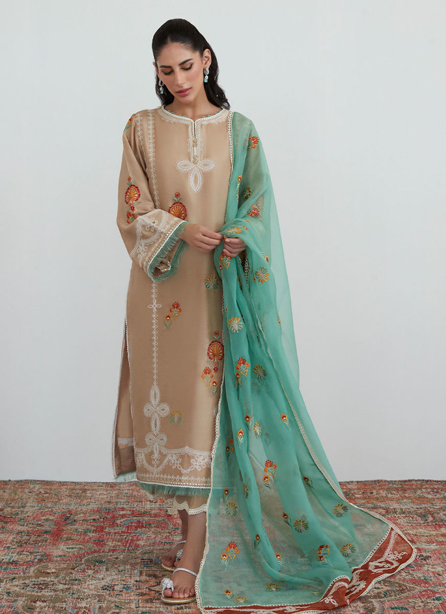 Latte Embroidered Shirt With Organza Dupatta