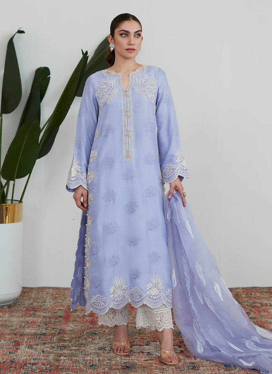 Olenna Periwinkle Embroidered Shirt With Organza Dupatta