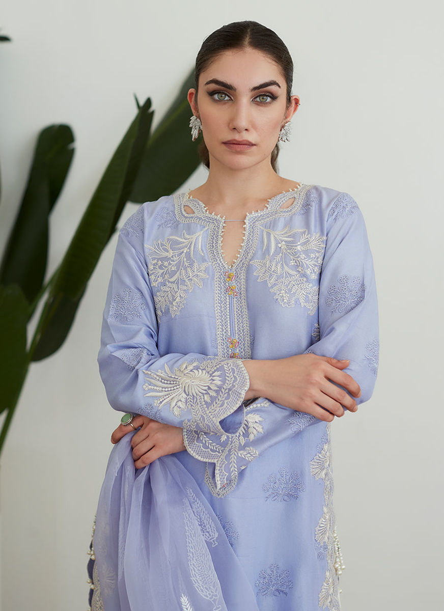 Olenna Periwinkle Embroidered Shirt With Organza Dupatta