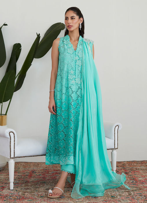 Picture of Tiffany Aqua Silk Cutwork with Pre Draped Dupatta