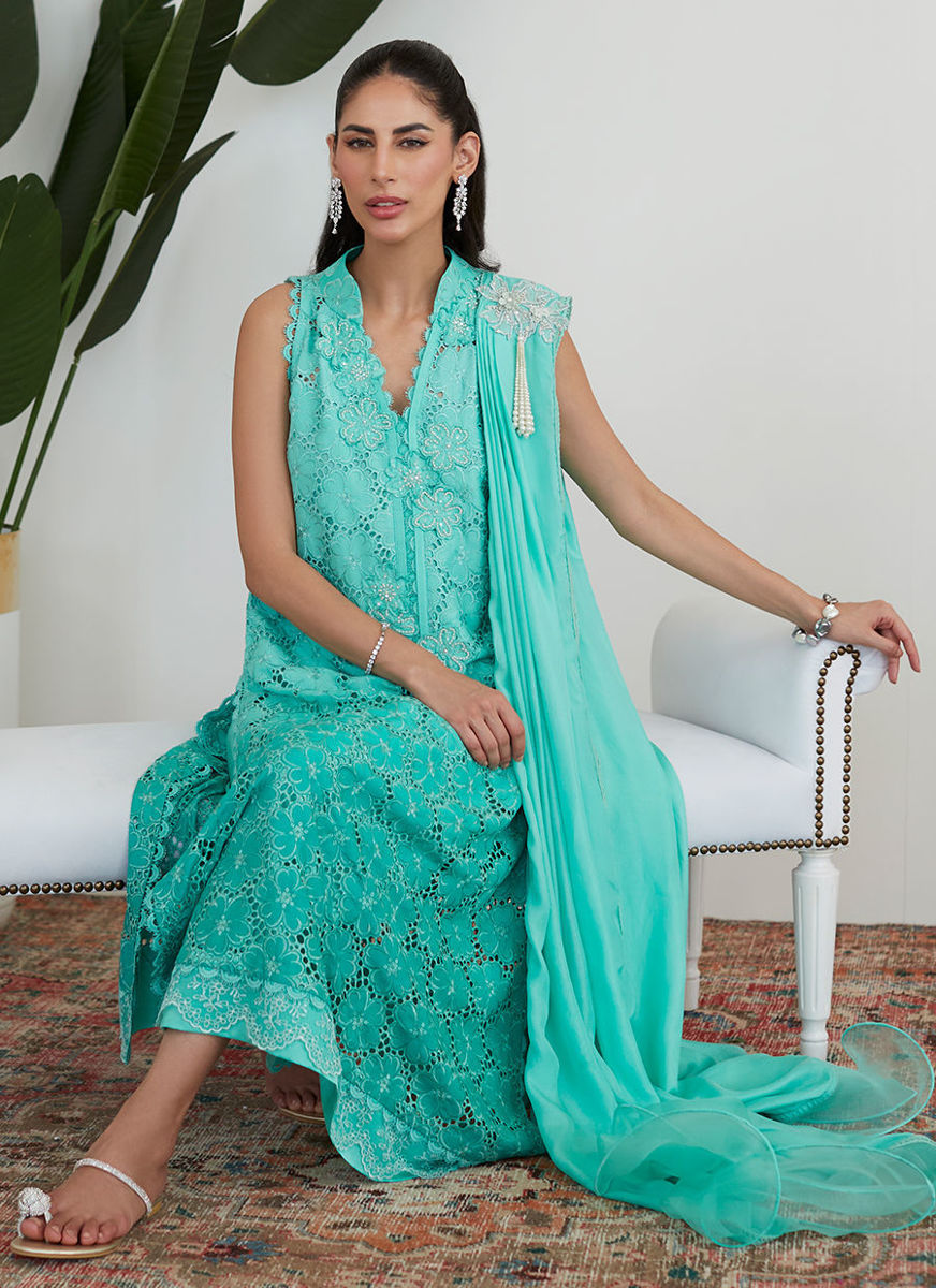 Tiffany Aqua Silk Cutwork with Pre Draped Dupatta