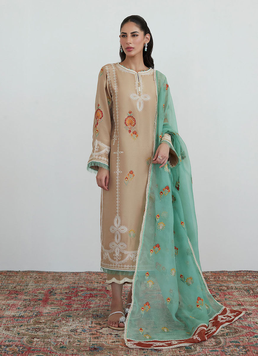 Latte Embroidered Shirt With Organza Dupatta