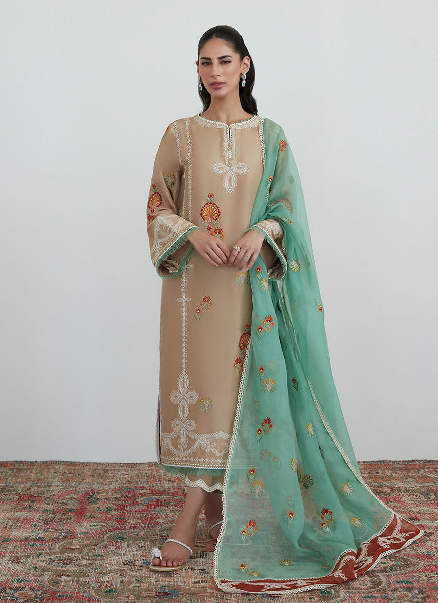 Latte Embroidered Shirt With Organza Dupatta