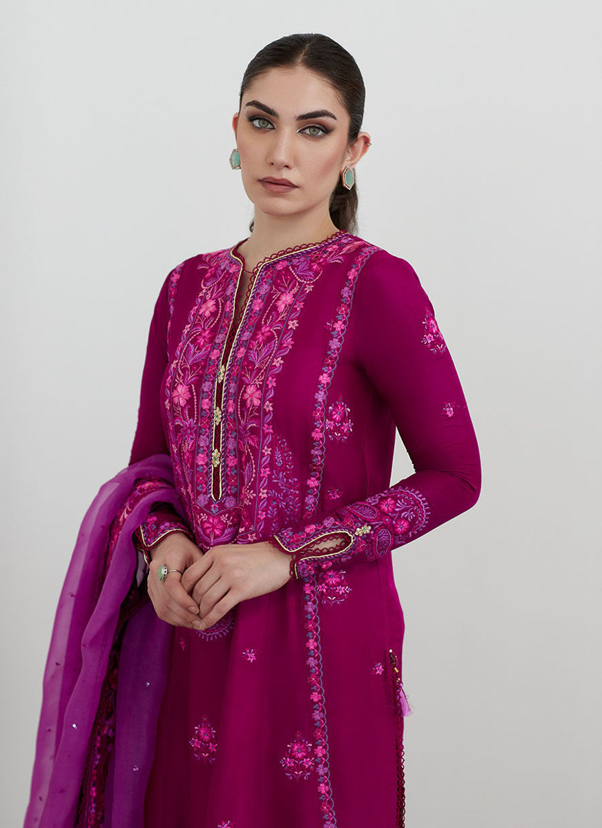 Catelyn Fuchsia Embroidered Shirt With Organza Dupatta