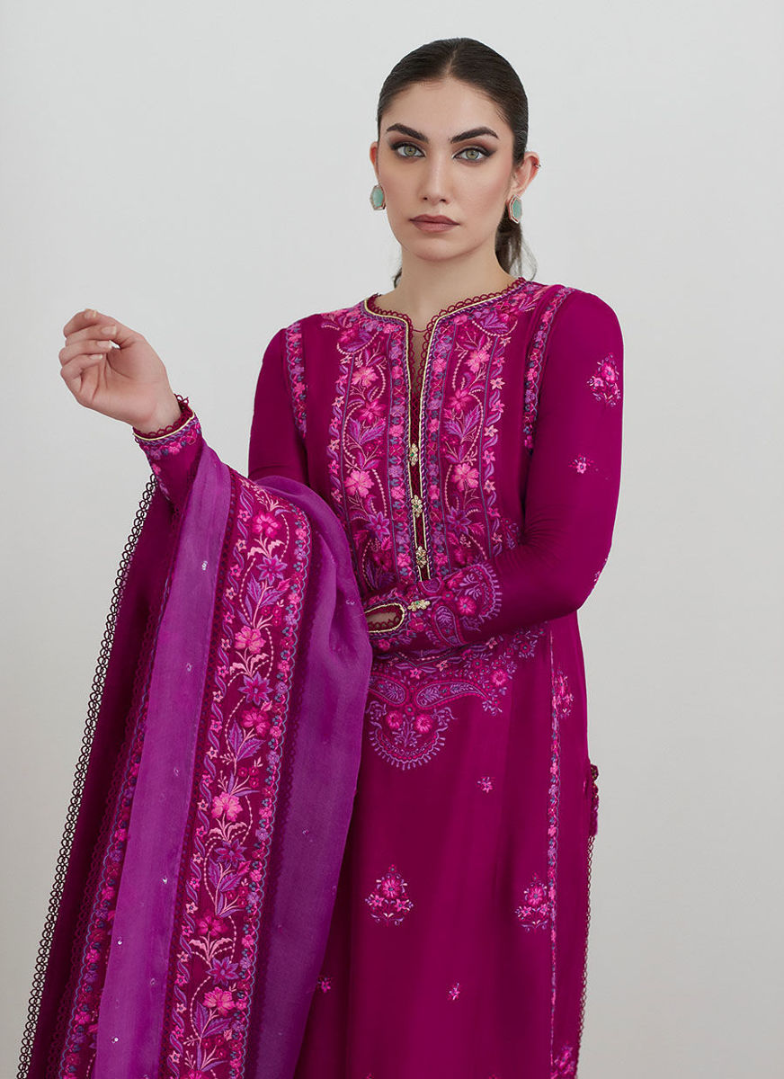 Catelyn Fuchsia Embroidered Shirt With Organza Dupatta