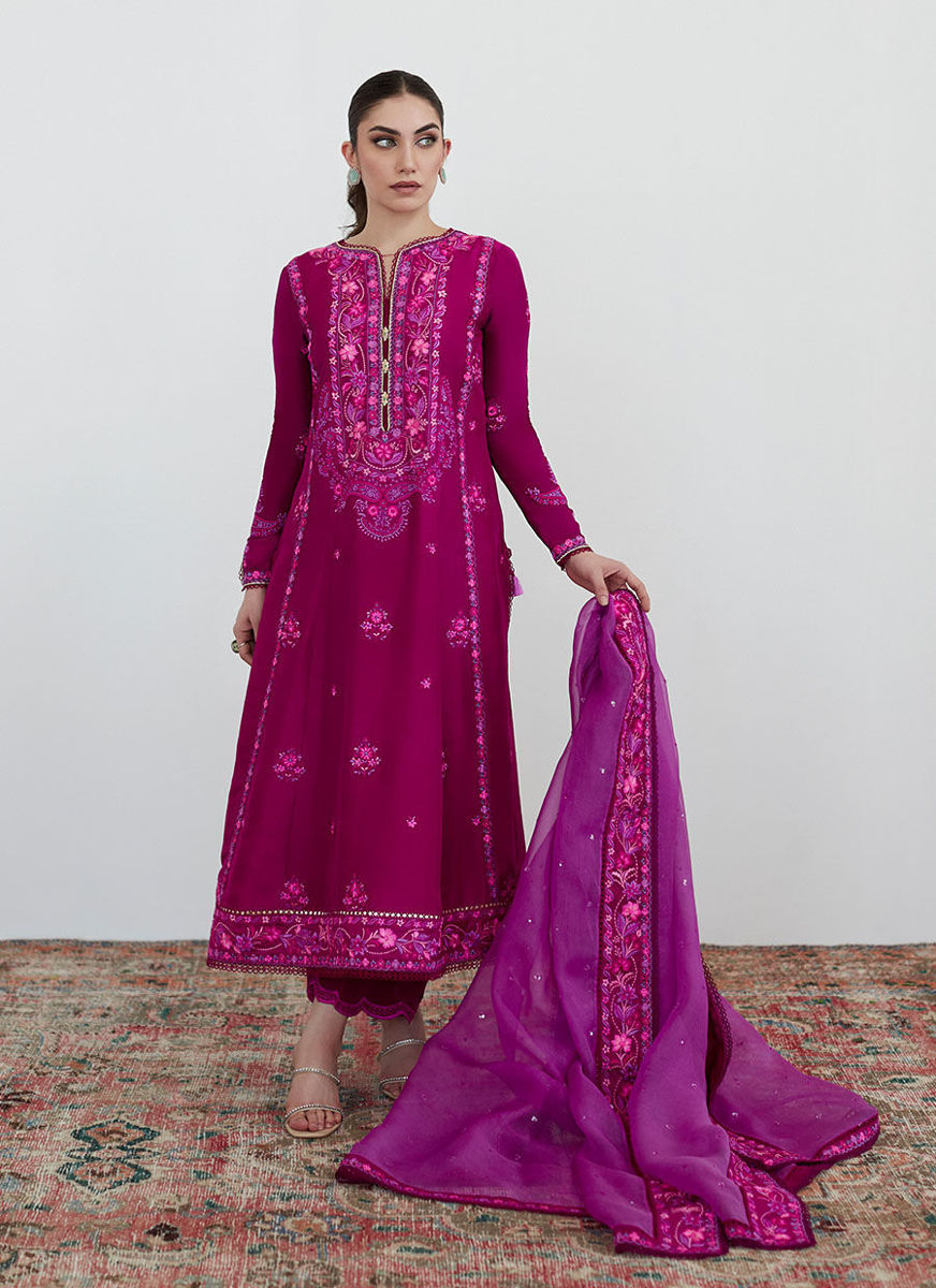 Catelyn Fuchsia Embroidered Shirt With Organza Dupatta