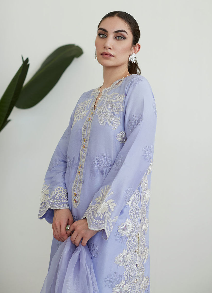 Olenna Periwinkle Embroidered Shirt With Organza Dupatta