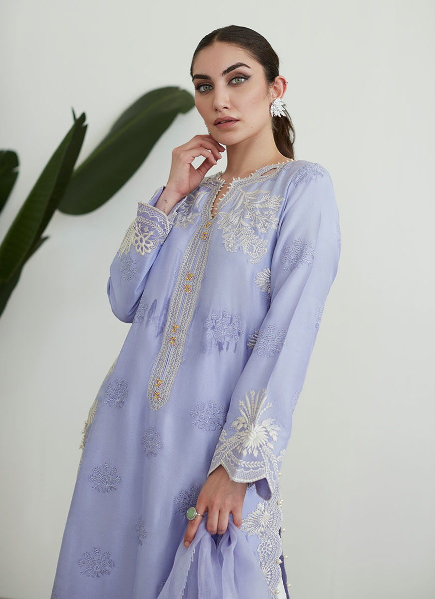 Olenna Periwinkle Embroidered Shirt With Organza Dupatta