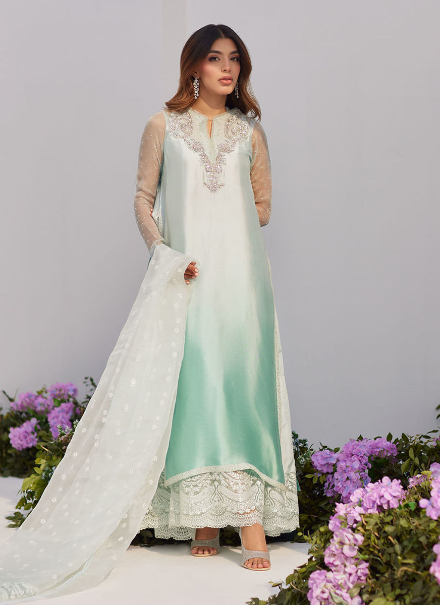Solene Aqua Ombre Embellished Column Shirt With Embroidered Kalidaar Slip