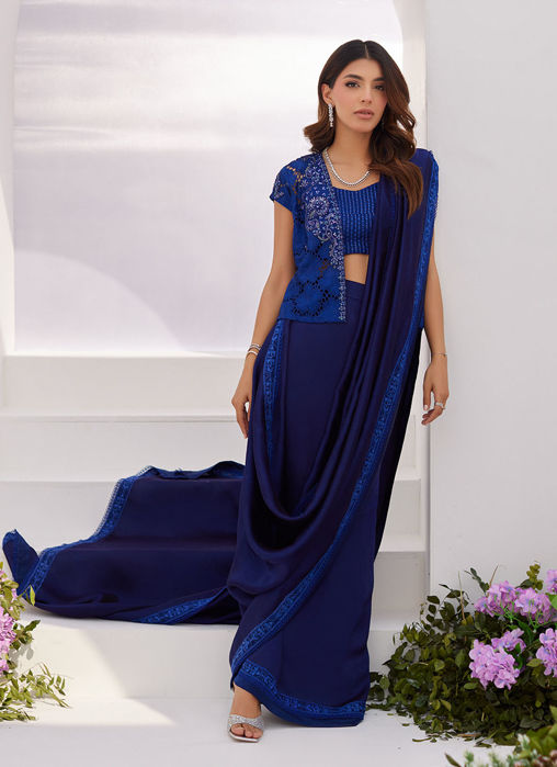 Picture of Ocean Navy Draped Saree with Cutwork Embellished Cape