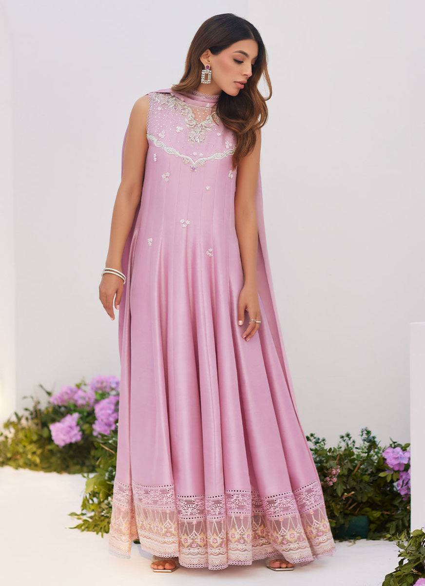 Cece Mauve Embellished Raw Silk Kalidaar With Charmuese Dupatta