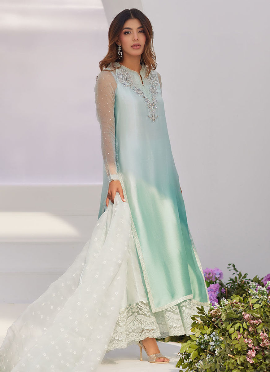 Solene Aqua Ombre Embellished Column Shirt With Embroidered Kalidaar Slip