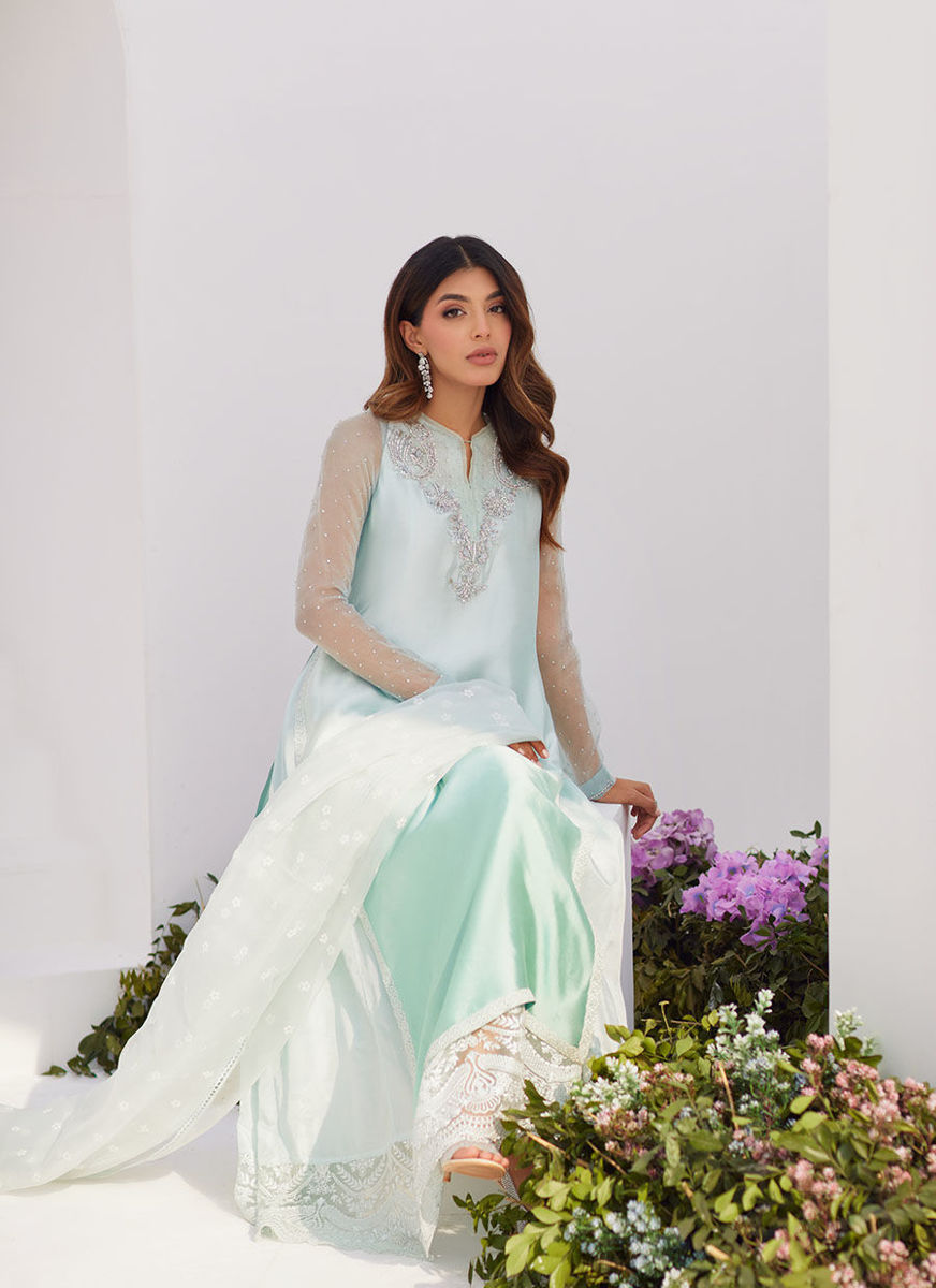 Solene Aqua Ombre Embellished Column Shirt With Embroidered Kalidaar Slip