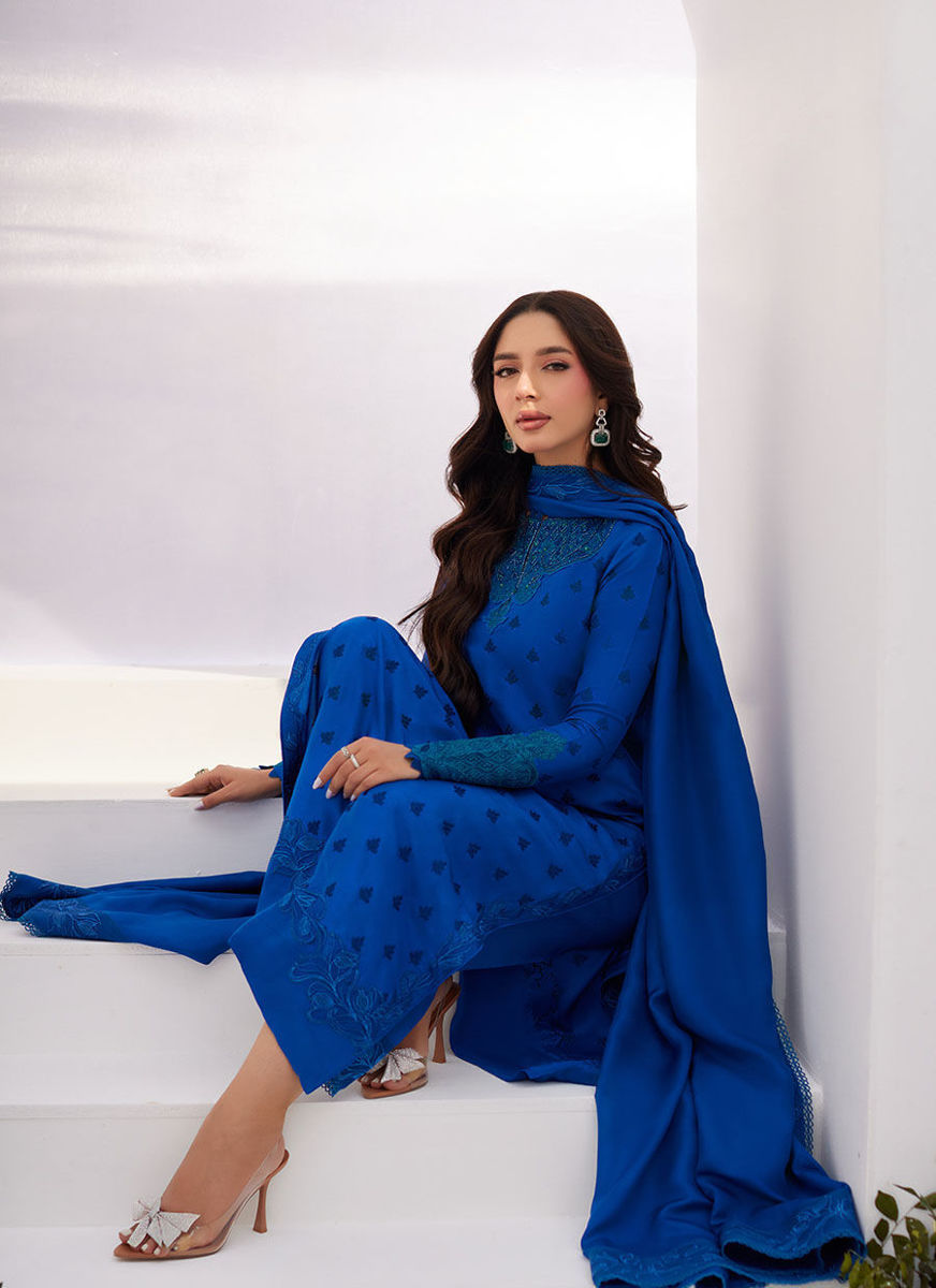 Charr Blue Embroidered Raw Silk Shirt And Dupatta