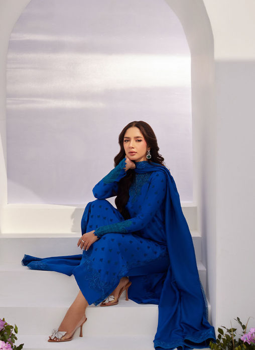 Charr Blue Embroidered Raw Silk Shirt And Dupatta