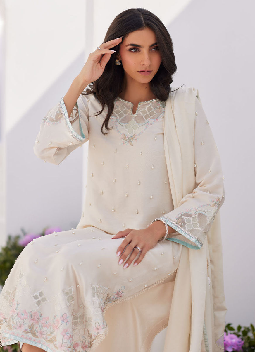 Lya Ivory Embellished Raw Silk Shirt And Dupatta