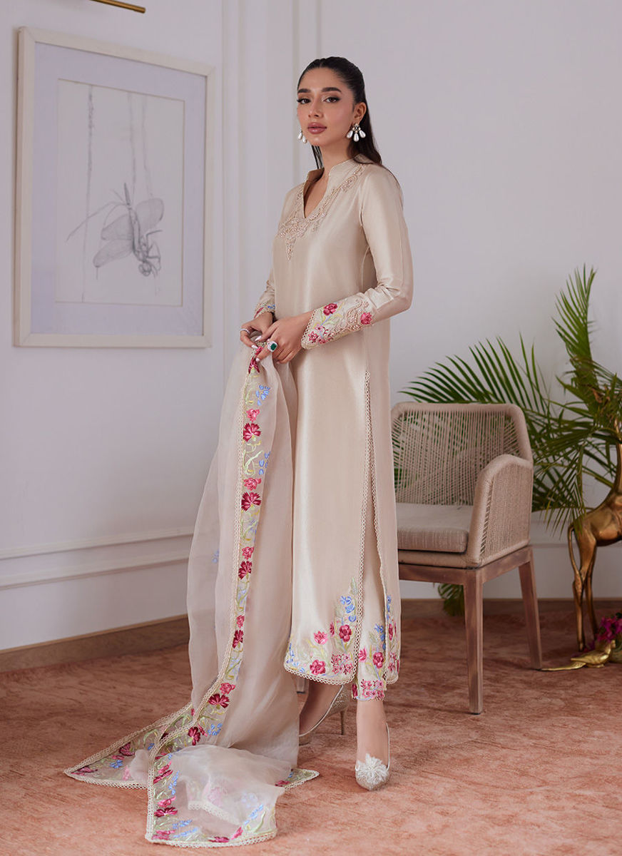 Liara Sand Embroidered Rawsilk Shirt And Dupatta