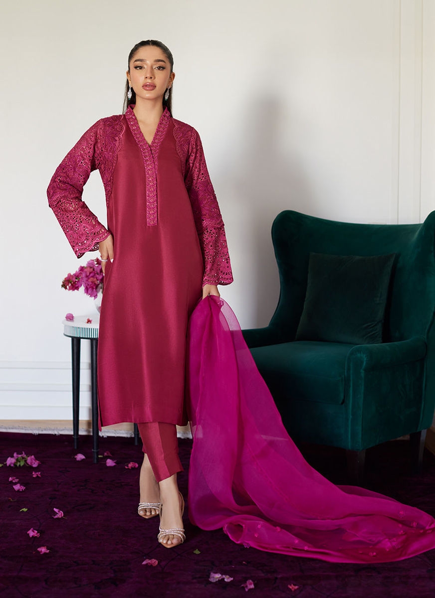 Honorine Magenta Embroidered Raw Silk Shirt With Dupatta