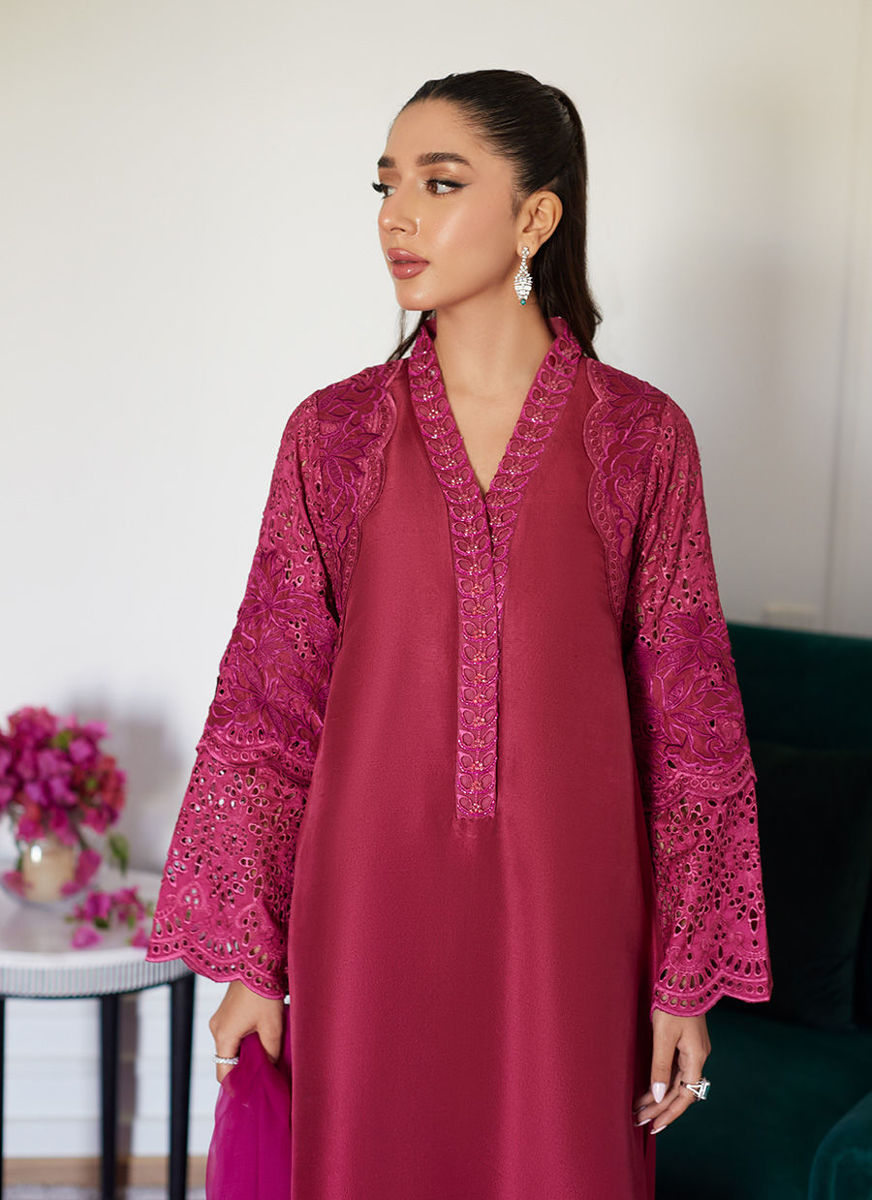 Honorine Magenta Embroidered Raw Silk Shirt With Dupatta