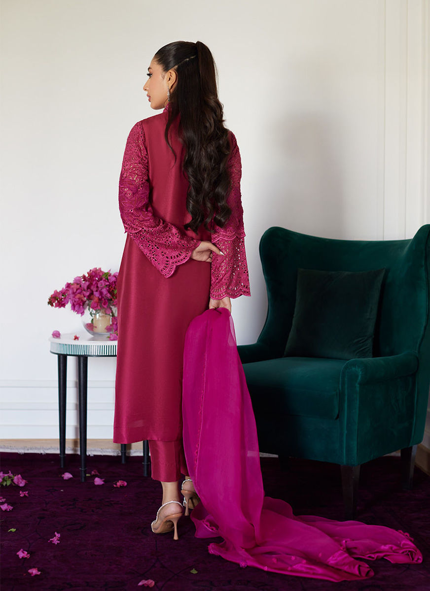 Honorine Magenta Embroidered Raw Silk Shirt With Dupatta