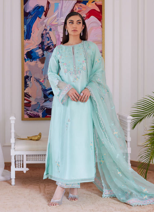 Picture of Aurella Mint Embroidered Raw Silk Shirt With Dupatta