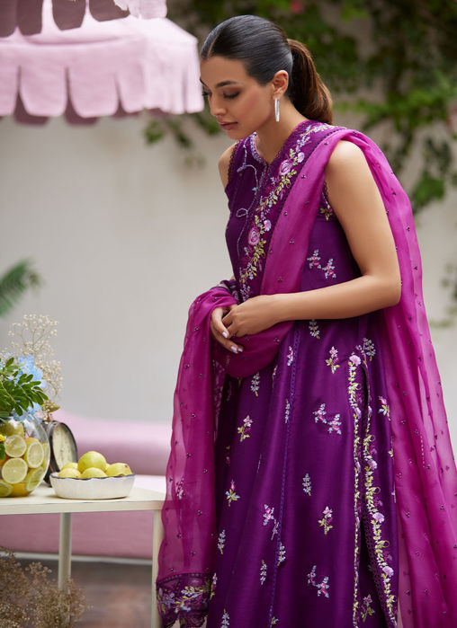 Irina Plum Embroidered Raw Silk Shirt With Dupatta