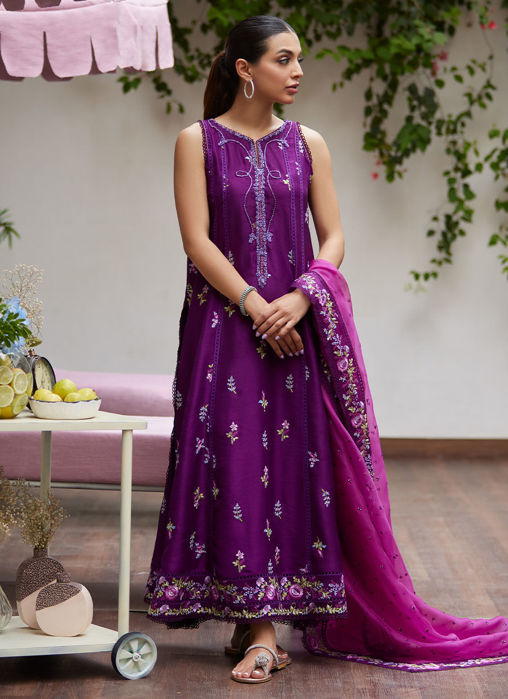 Irina Plum Embroidered Raw Silk Shirt With Dupatta