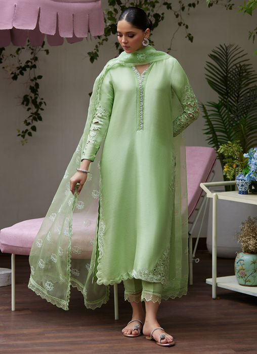 Katya Apple Green Cutwork Raw Silk Shirt With Organza Dupatta