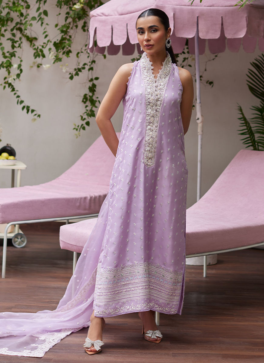 Larissa Lavender Embroidered Column Shirt With Organza Dupatta