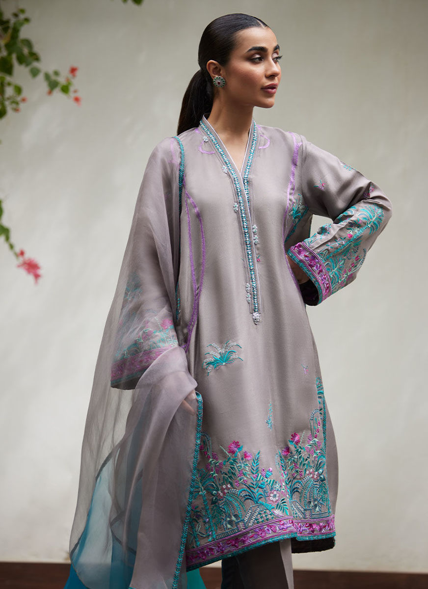 Natalya Charcoal Embroidered Raw Silk Shirt With Organza Dupatta