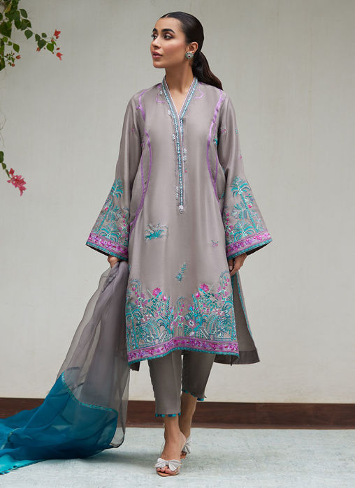 Natalya Charcoal Embroidered Raw Silk Shirt With Organza Dupatta