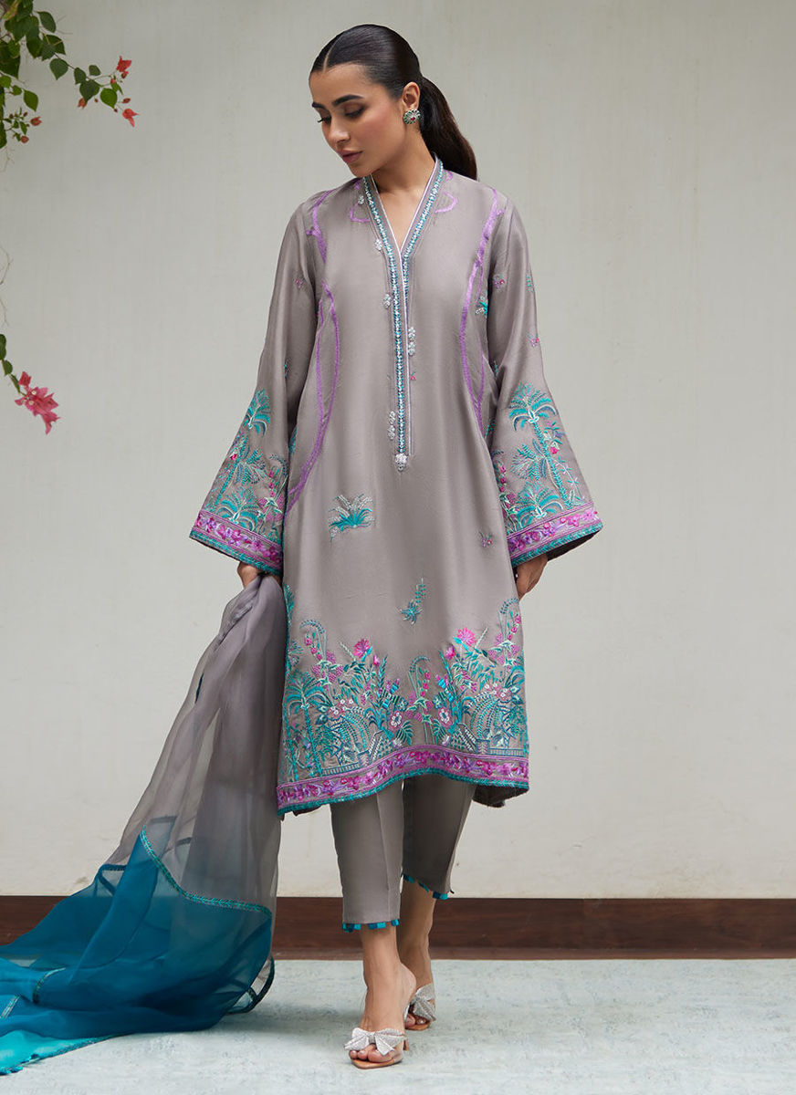 Natalya Charcoal Embroidered Raw Silk Shirt With Organza Dupatta
