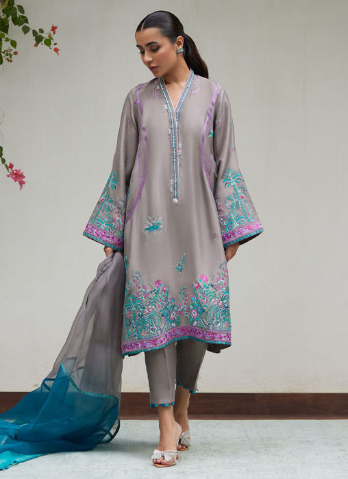 Natalya Charcoal Embroidered Raw Silk Shirt With Organza Dupatta